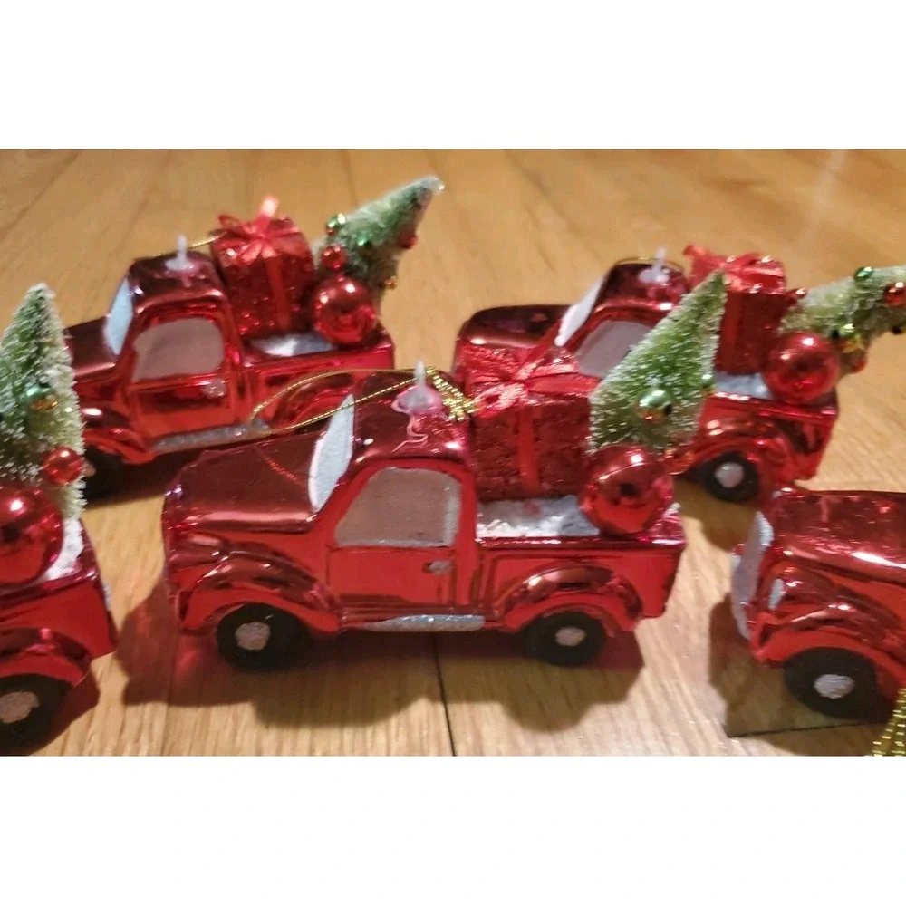 Retro Style Shiny Red Truck Christmas Ornaments Lot Of 5